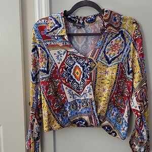 Haute Hippie Multicolor Printed Collared Wrap Style Blouse Size Medium